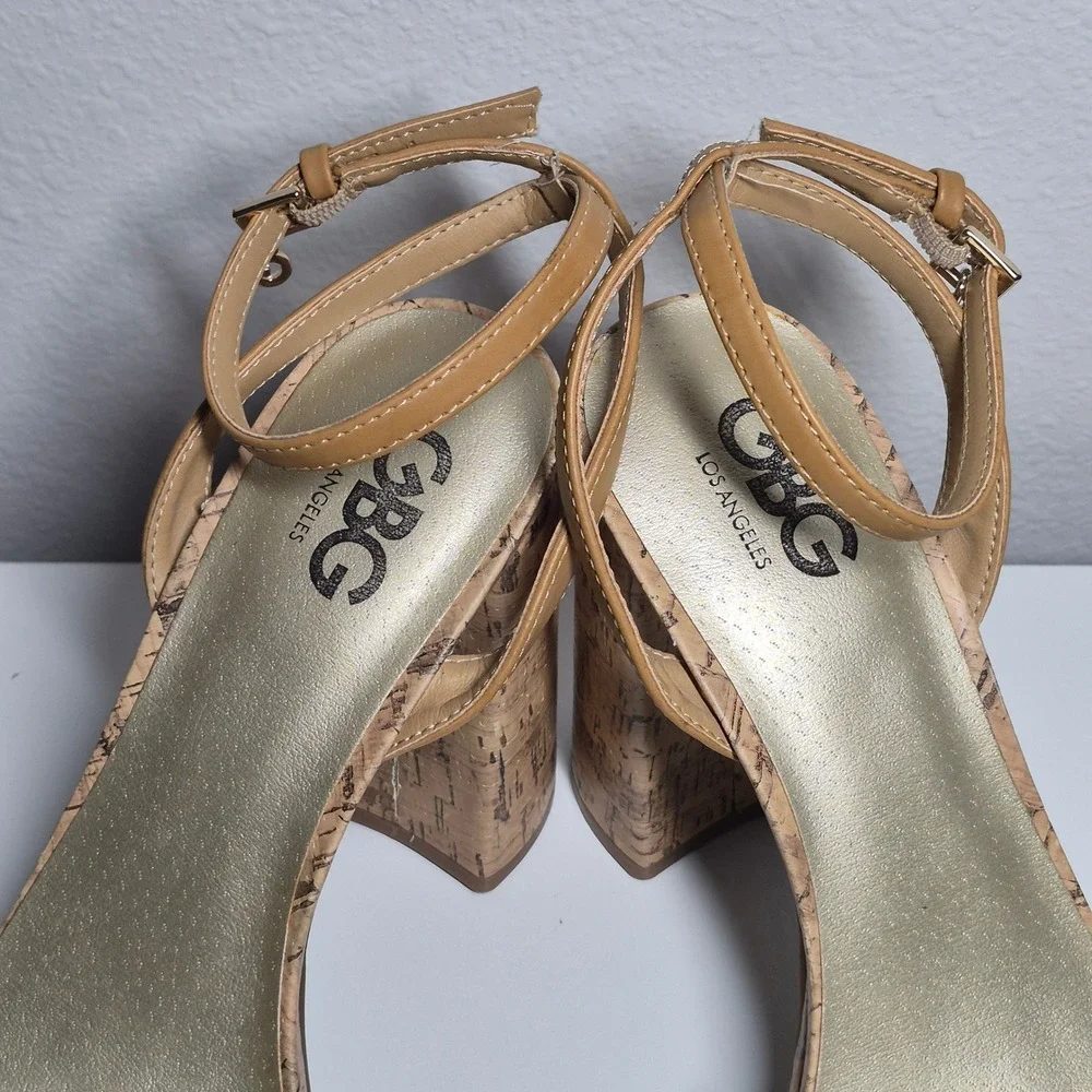GBG Cork Platforms Acrylic Logo Ankle Strap 70s Vibes Vintage Aesthetic Bold 10M